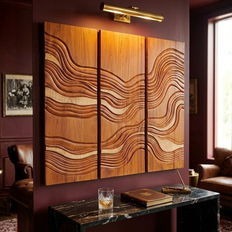 Golden Tides Teak Wall Art | Hand-Carved Wood Decor | Noro Arts
