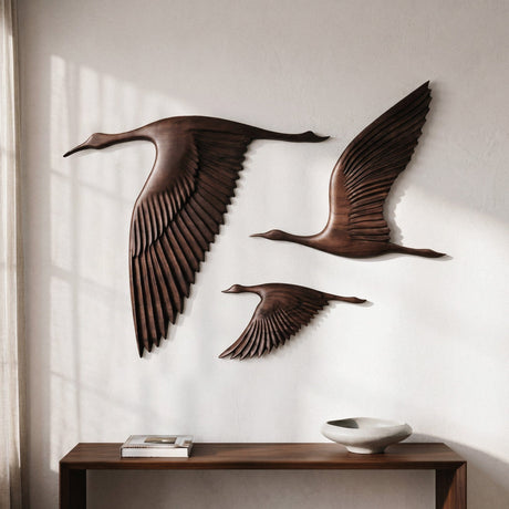Hand Carved Teak Wall Art - Birds (Dark Teak)