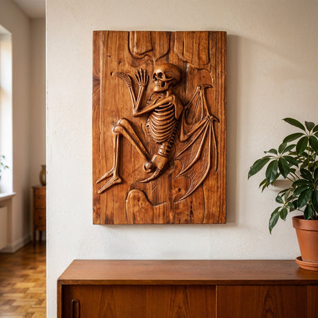 Hand Carved Teak Wall Art - Skeleton