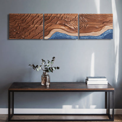 Coastal Pulse Teak Wall Art | Hand-Carved Wood Sculpture | Noro Arts