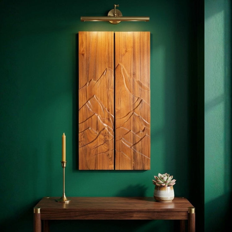 Silent Peaks Teak Wall Art | Hand-Carved Wood Decor | Noro Arts