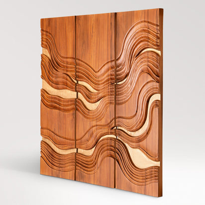 Golden Tides Teak Wall Art | Hand-Carved Wood Decor | Noro Arts