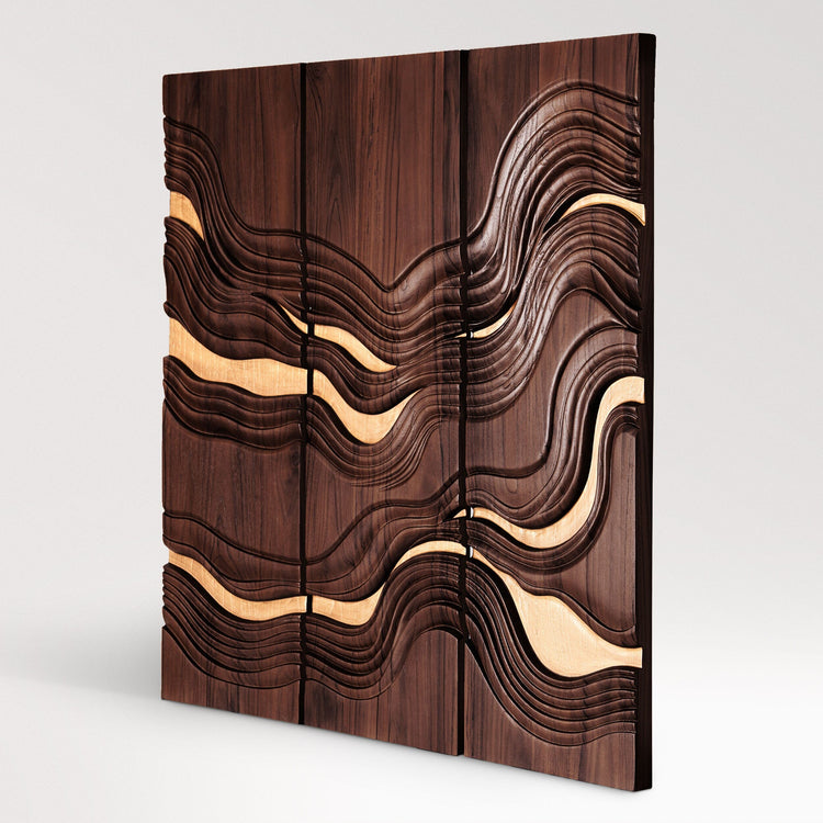 Golden Tides Dark Teak Wall Art | Hand-Carved Wood Decor | Noro Arts