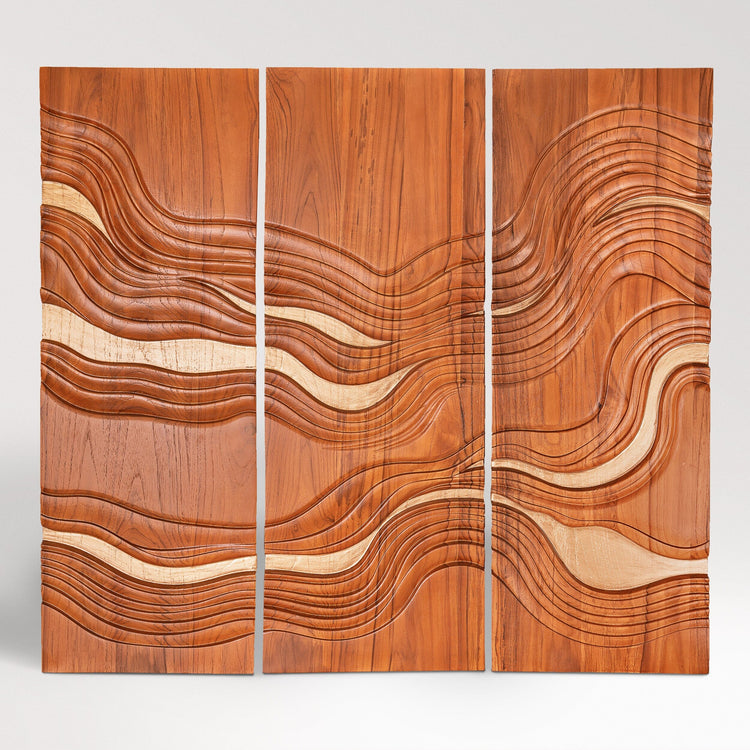 Golden Tides Teak Wall Art | Hand-Carved Wood Decor | Noro Arts