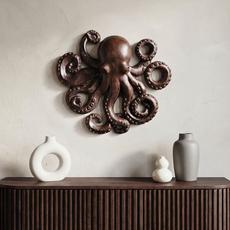 Hand Carved Teak Wall Art - Octopus (Dark Teak)