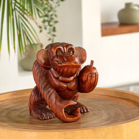 Hand Carved Wood Sculpture - Happy Monkey