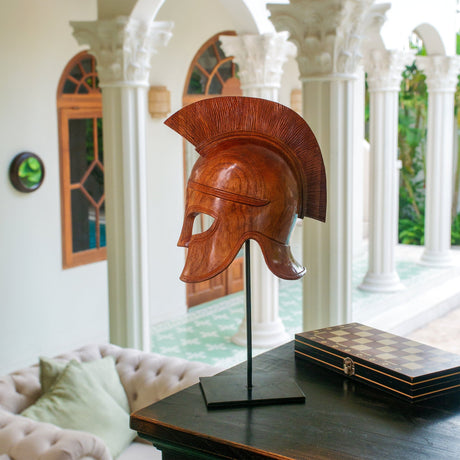 Hand Carved Teak Wood Sculpture - Sparta Helmet
