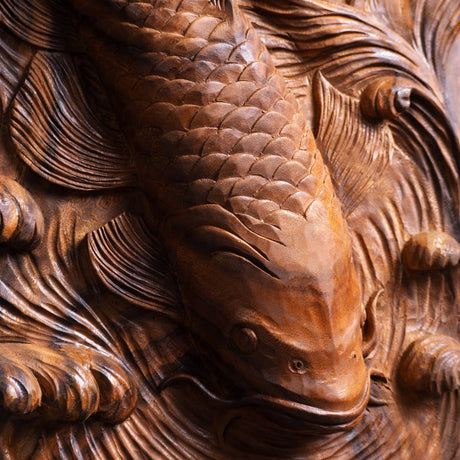 Hand Carved Teak Wall Art - Mystic Koi