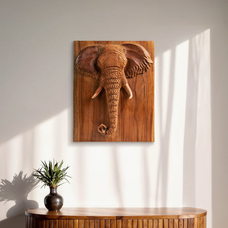 Hand Carved Teak Wall Art - Elephant
