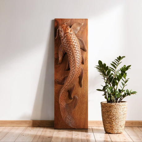 Hand Carved Teak Wall Art - Koi