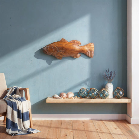 Hand Carved Teak Wall Art - Bass Fish