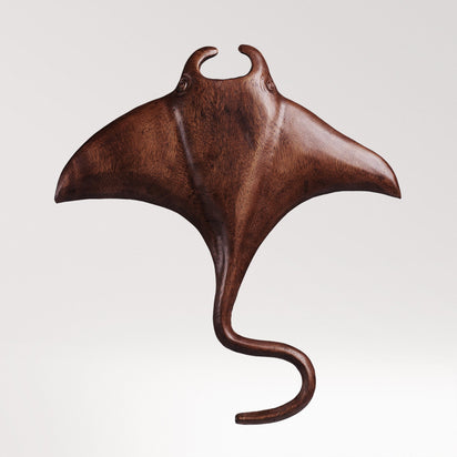 Hand-Carved Dark Teak Manta Ray Wall Art | Coastal Wooden Decor