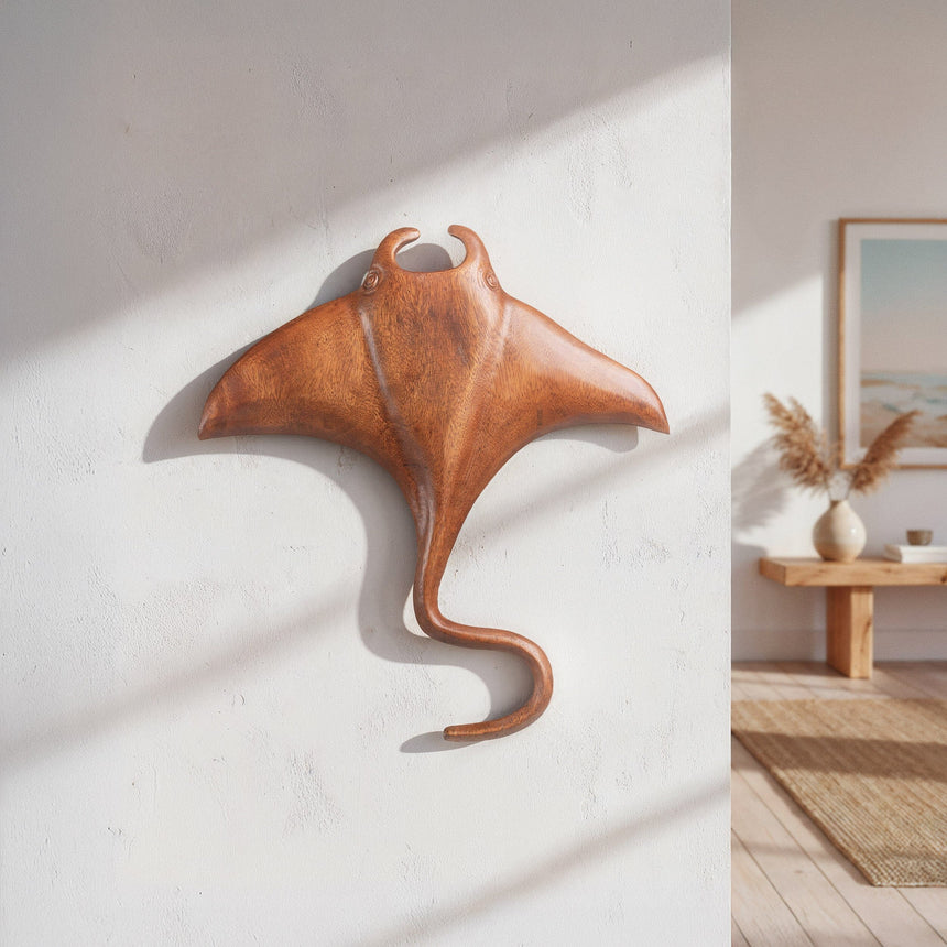 Hand-Carved Teak Manta Ray Wall Art | Coastal Wooden Decor | Noro Arts