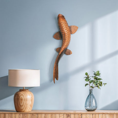 Hand Carved Teak Wall Art - Lucky Koi