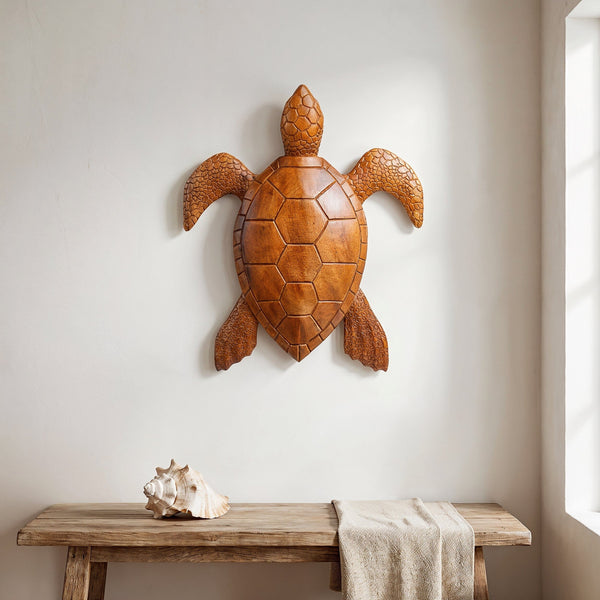 Teak Wood Sea Turtle Wall Hanging | Hand-Carved Art Piece | Noro Arts
