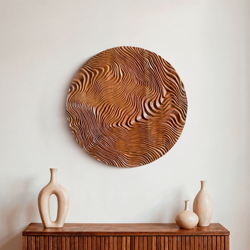 Woven Moon Teak Wall Art | Hand-Carved Wood Sculpture | Noro Arts
