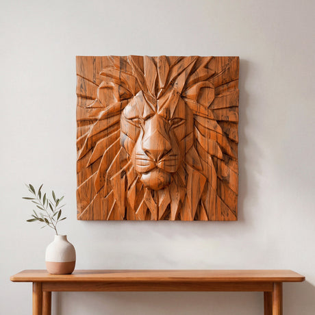 Hand Carved Teak Wall Art - Lion