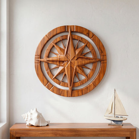 Hand Carved Teak Wall Art - Compass