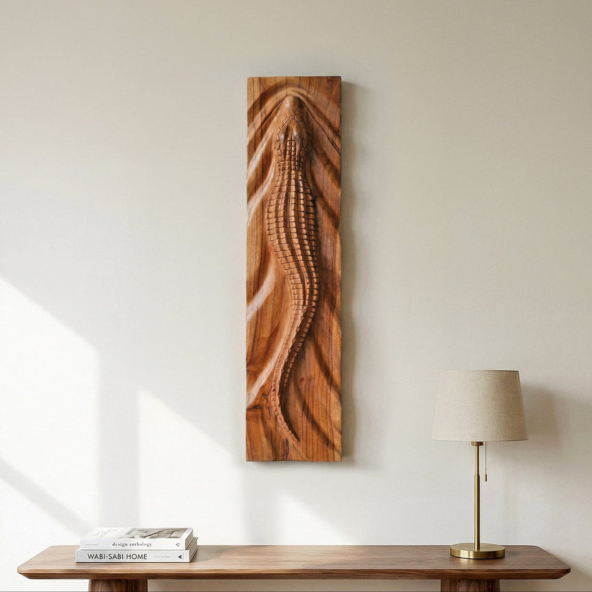 Crocodile Teak Sculpture | Hand-Carved Teak Wood Art | Noro Arts