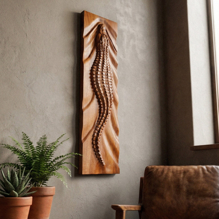 Crocodile Teak Sculpture | Hand-Carved Teak Wood Art | Noro Arts