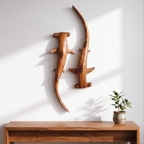 Hand Carved Teak Wall Art - Hammerhead Sharks