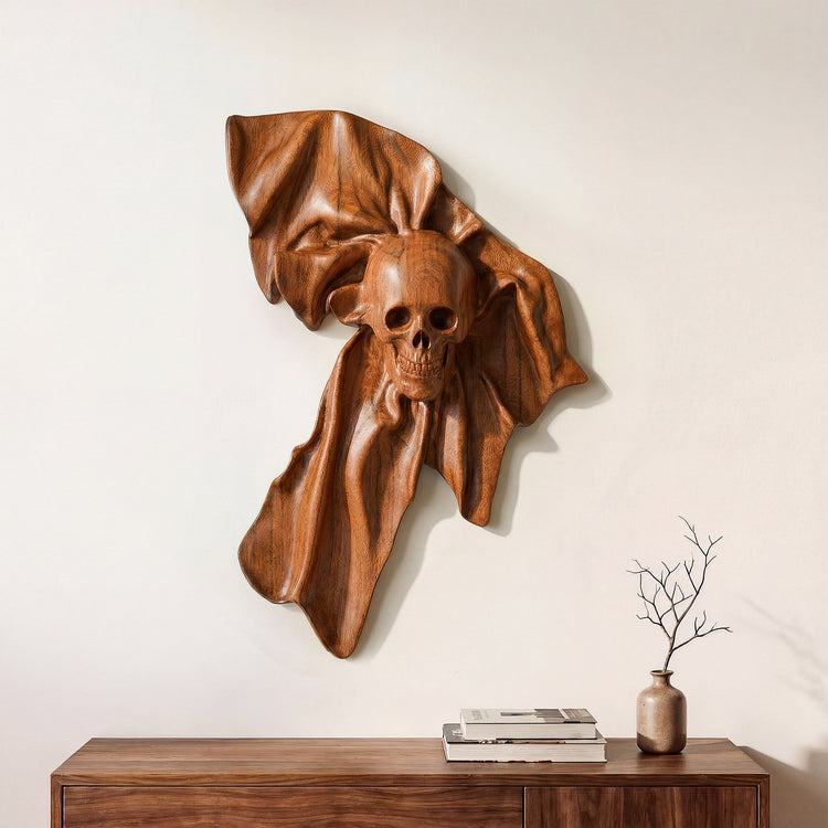 Skull Aurex Teak Wall Art | Hand-Carved Wood Decor | Noro Arts