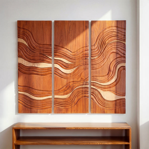 Golden Tides Teak Wall Art | Hand-Carved Wood Decor | Noro Arts