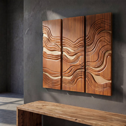 Golden Tides Teak Wall Art | Hand-Carved Wood Decor | Noro Arts