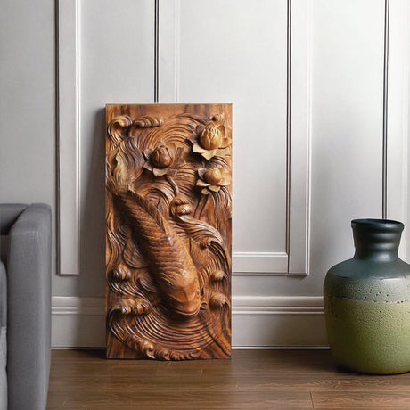 Hand Carved Teak Wall Art - Mystic Koi