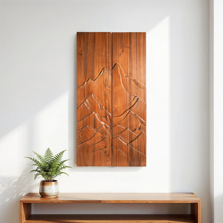 Silent Peaks Teak Wall Art | Hand-Carved Wood Decor | Noro Arts