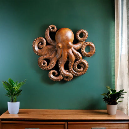 ORSA オルサ　真鍮と珊瑚と瑪瑙のモビール オブジェ　アート Hand-Carved Teak Octopus Wall Art | Marine Wood Sculpture | Noro Arts