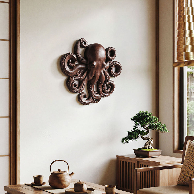 Hand-Carved Dark Teak Octopus Wall Art | Marine Wood Sculpture
