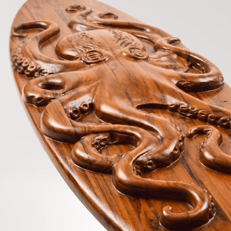 Hand Carved Teak Wall Art - Octopus Surfboard