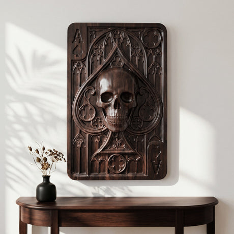 Hand Carved Teak Wall Art - Skull Ace