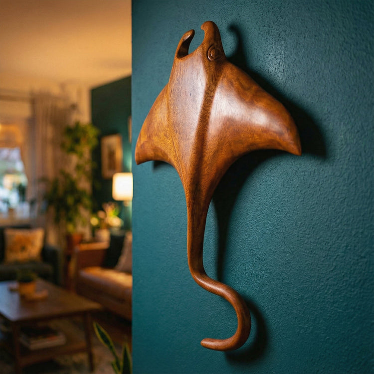 Teak Manta Ray Sculpture | Modern Coastal Decor | Noro Arts
