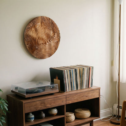 Woven Moon Teak Wall Art | Hand-Carved Wood Sculpture | Noro Arts